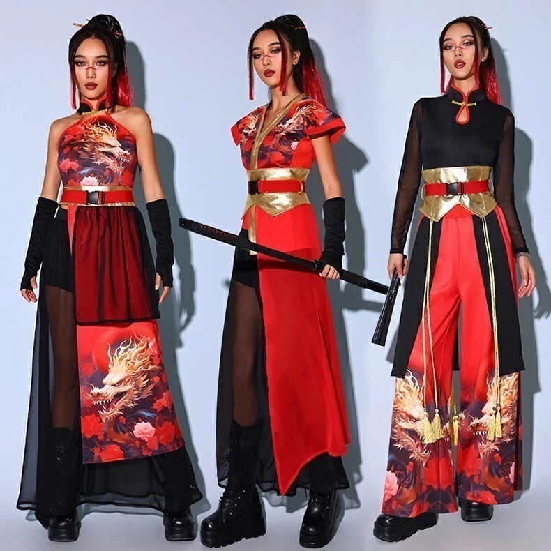 【即納】黒 赤 金 チャイナ風 レディース ジャズ ダンス衣装 演出服 セットアップ 龍柄 大人 女子グループ ステージ衣装 派手 おしゃれ DSダンス クラブ バー イベント 発表会 ヒップホップ