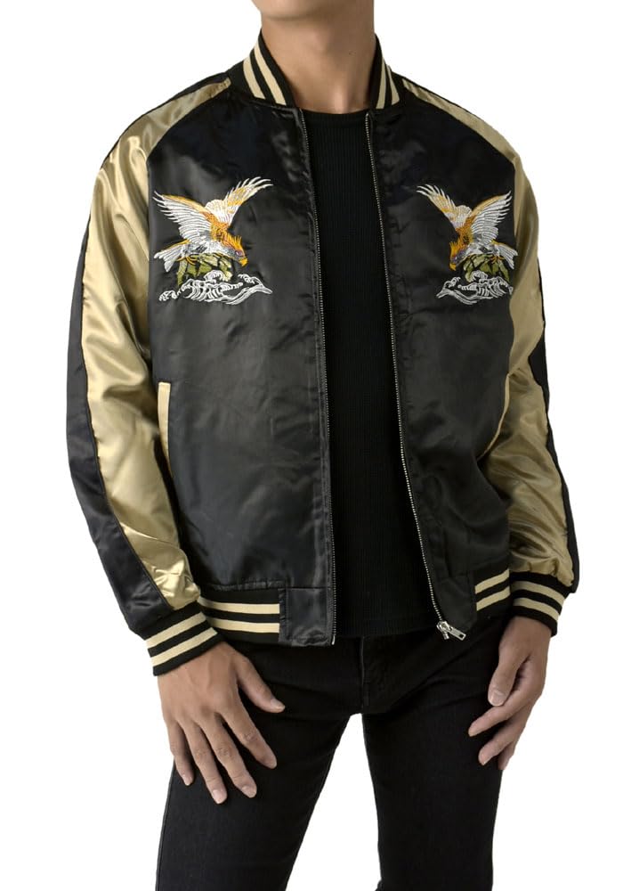 [FLAG ON CREW] (フラグオンクルー) スカジャン メンズ アウター ブルゾン サテン 須賀 ジャンパー ジャケット ゆったりサイズ 鷲 鯉 龍 波 鳳凰 銀龍 風神 雷神 / A5T /