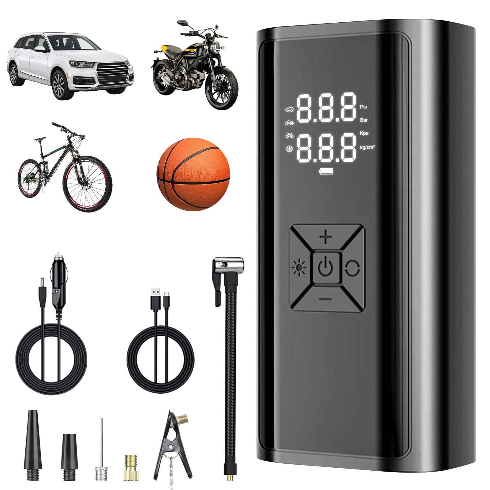 Beebus 電動空気入れ 車 自転車空気入れ 充電式 コードレス エアーポンプ 最大圧力150PSI 自動停止 自動車/自転車/ボール/浮き輪/バイク対応 くうきいれ 電動 仏/英/米式バルブ対応