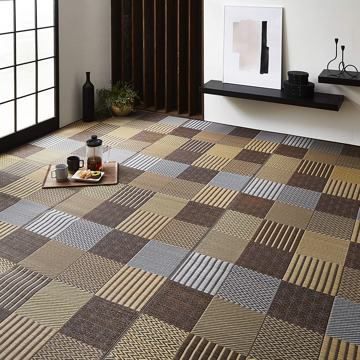 【I】【代引不可】い草 花ござ 京刺子 江戸間8畳(約348×352cm) ブラウン 日本製 畳 カバー センター い草 ラグ い草カーペット ござ【北海道・沖縄・離島不可】cm　裏貼りなし 上