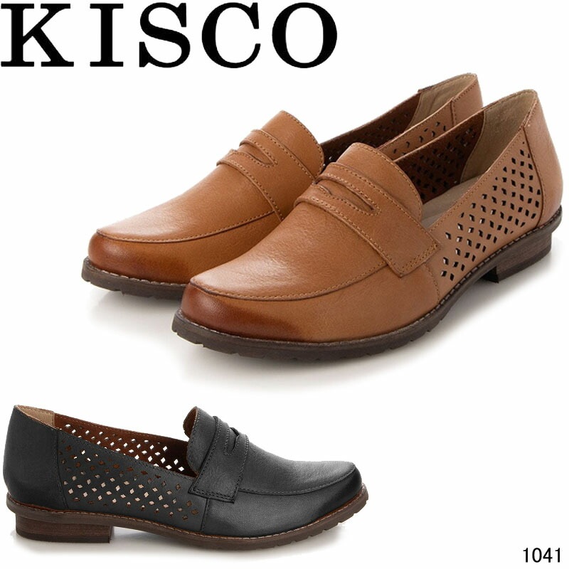 【返品不可】 キスコ 1041 KISCO 本革 サイドパンチングコインローファー ブラック キャメル 婦人靴 レディース ローファー