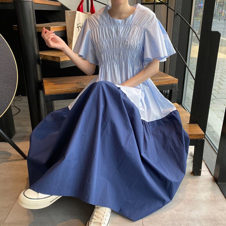 2color レディース バイカラーシャーリングティアードワンピース 配色コントラストフレアスリーブ