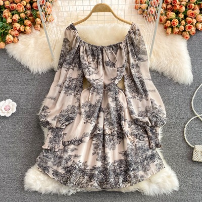 ワンピース フレアワンピース ワンピドレス 膝丈 ひざ丈 袖あり 長袖 ボリューム袖 フレア Aライン ハイウエスト かわいい 大人可愛い おしゃれ お洒落 ラブリー キュート ガーリー 花柄 小花柄