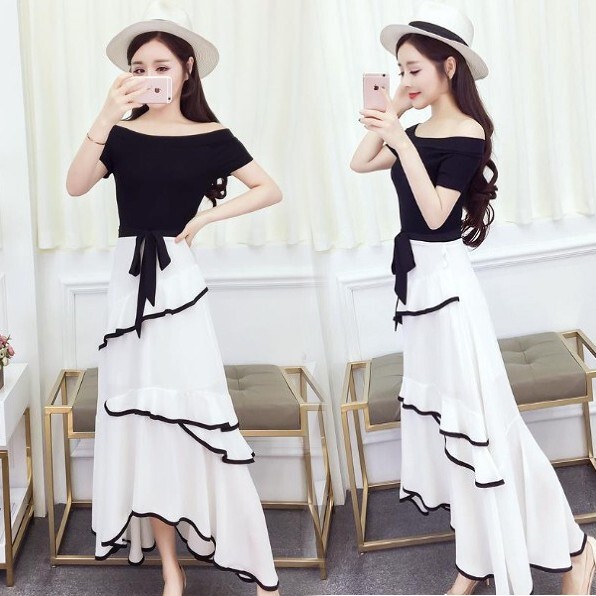 ワンピース フレアワンピース ロング ロング丈 袖あり 半袖 オフショルダー オフショル Aライン アシンメトリー ベルト ウエストマーク ウエストリボン 切り替えデザイン ドッキング かわいい