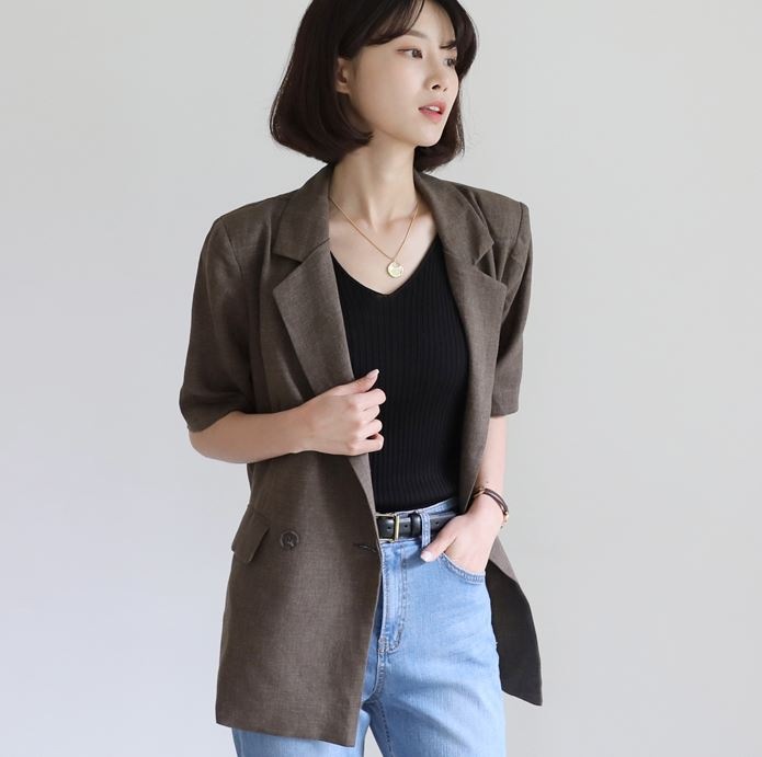 [韓国ファッション] ダブルボタン フラップポケット リネン ジャケット（半袖）
