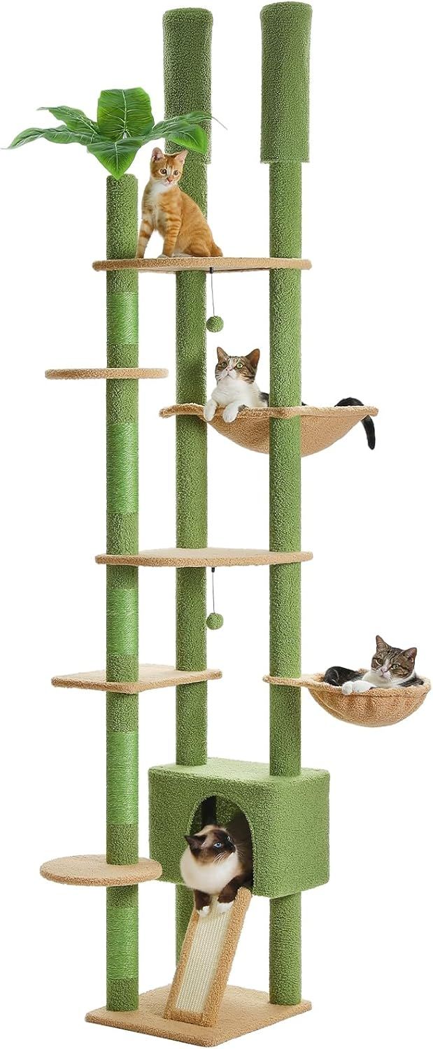 キャットタワー 突っ張り スリム 多頭飼い 猫タワー ツイン突っ張り コンパクト 省スペース 爪とぎ ハンモック2個 可愛い おしゃれ 運動不足解消 登りやすい -グリーン 高さ調整幅190~210c