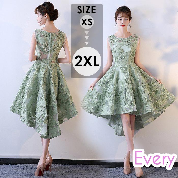 ドレス 大人 ピアノ 発表会 ドレス パーティドレス 結婚式 ワンピース 小さいサイズ 袖なし ノースリーブ 透け感 上品 きれいめ ラウンドネック ファスナー フィッシュテール グリーン 20代 3