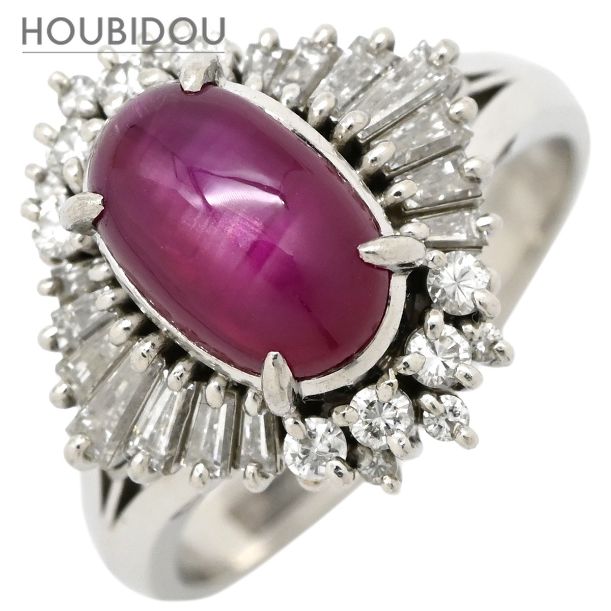 リング 指輪 スタールビー 3.43ct ダイヤ ピンクレッド×プラチナシルバー ルビー プラチナ メレ パヴェ バケット オーバル 12号【中古】