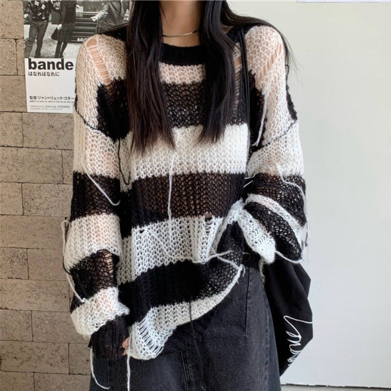 カットソー レディース 長袖 ニット ダメージ ラフ 個性的 透け感 かわいい 大人可愛い カジュアル ボーイッシュ かっこいい ボーダー 秋 冬 学生 イベント お出かけ ホワイト トップス