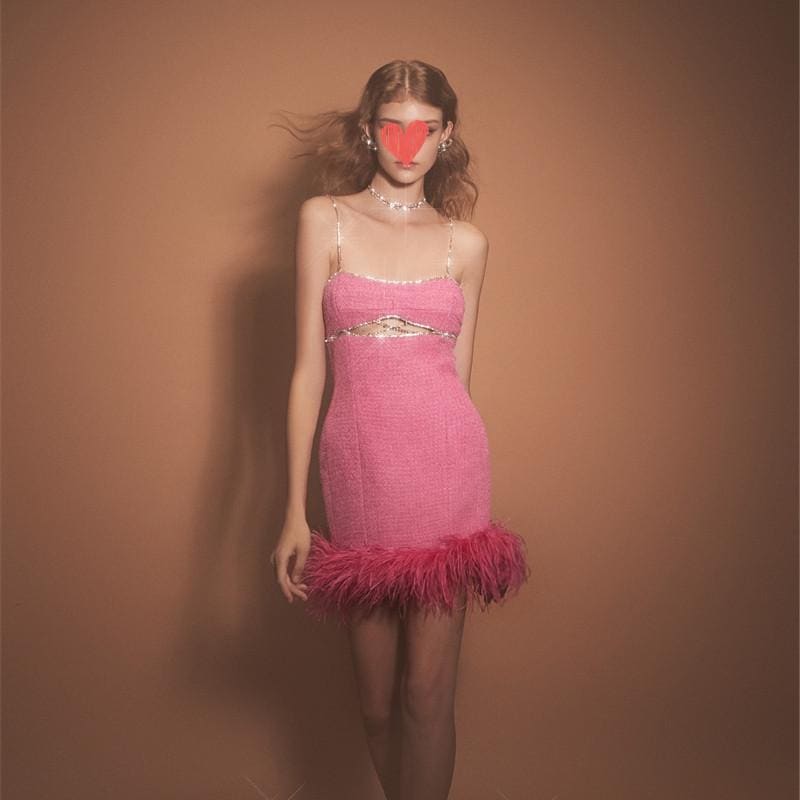レディース　ドレス　ワンピース ハイエンドの 女性 ラインストーン 装飾 バービー ピンクの ツイード フェザー 魅惑的 サスペンダー ドレス 誕生日 パーティー スカート