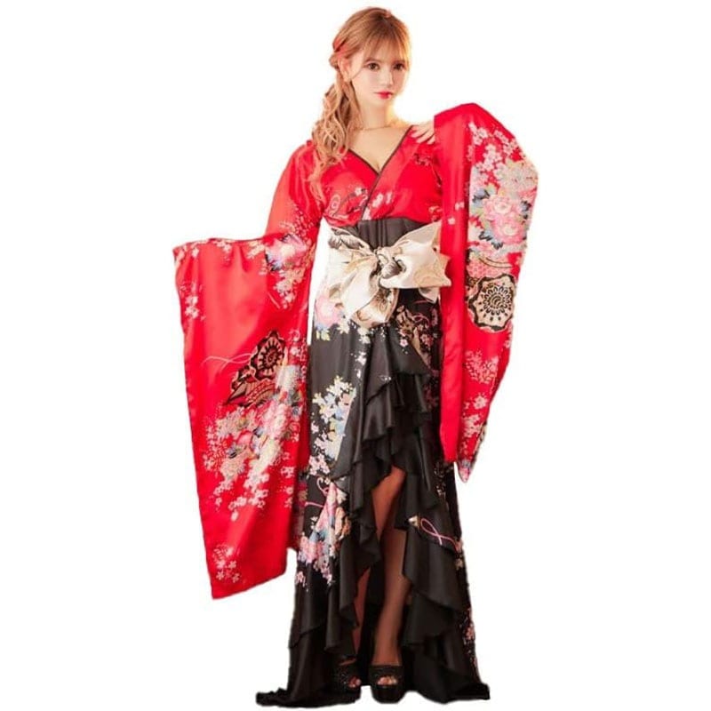 【高級ライン】ツートンカラー 和柄 フリル 豪華 花柄 ロング 美脚 帯 リボン 花魁 着物 ドレス コスプレ イベント ハロウィン [1180]