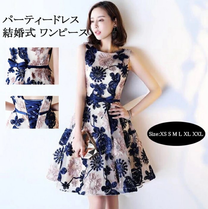パーティードレス 膝丈　ミニドレス　結婚式ドレス ノースリーブ 結婚式 パーティドレス お呼ばれドレス ウェディングドレス ミニ ニ次会 フォーマル 花柄 刺繍 セレブ 二次会 パーティ 2次会 パー