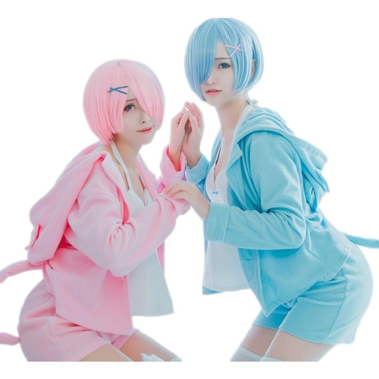 ハロウィン Re:ゼロから始める異世界生活 風 リゼロ レム ラム 猫パジャマ コスチューム コスプレ衣装 4点セット ブルー ピンク サイズ SXL