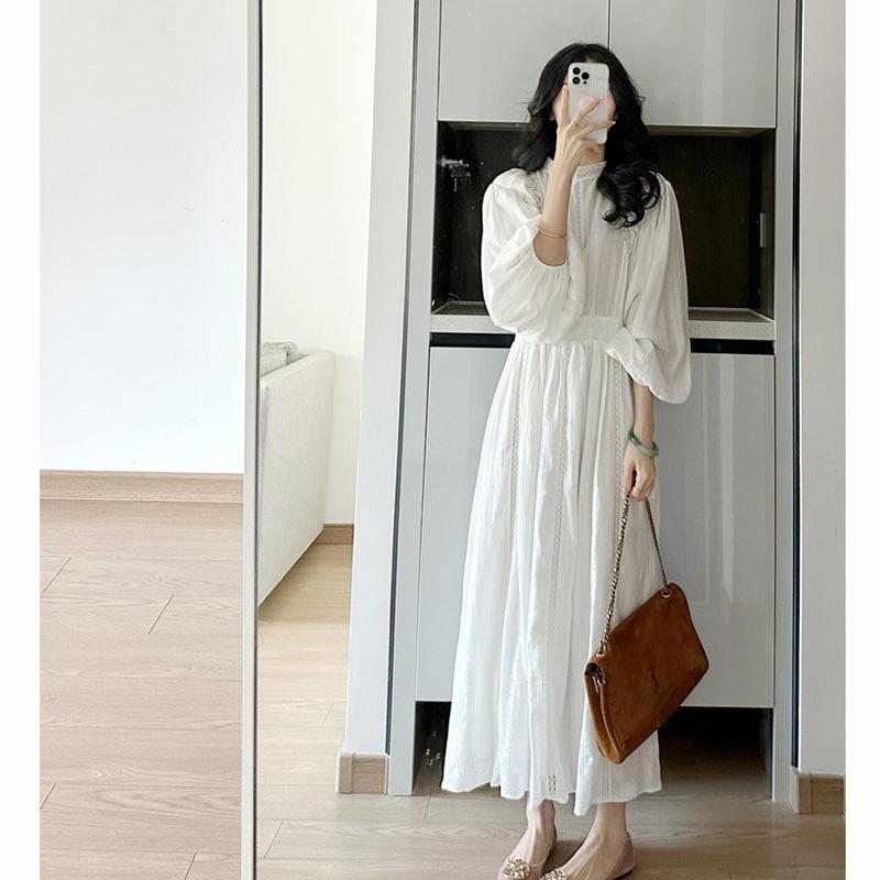 レディース 40代 マキシ 春夏 長袖 白 パフスリーブ ゆったり オシャレ結婚式ドレス お出かけ 大人可愛い 30代
