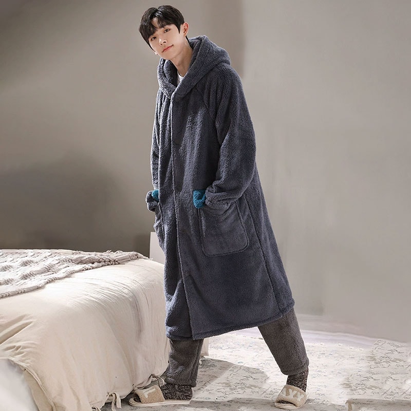 ルームウェア もこもこ バスローブ メンズ パジャマ 冬 長袖 ナイトガウン 着る毛布 前開き フード付き パジャマ 寝巻き 裏起毛 部屋着 プレゼント 暖かい ギフト バレンタイン お風呂上り