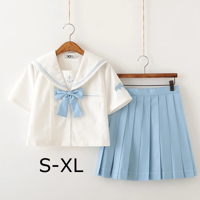 即納セーラー服学生服制服スーツカート韓国風クラスセーラー服長袖3点セット女性JK制服女子高生コスプレ衣長袖短袖　海豚水色半袖水色本格制服前開きコ