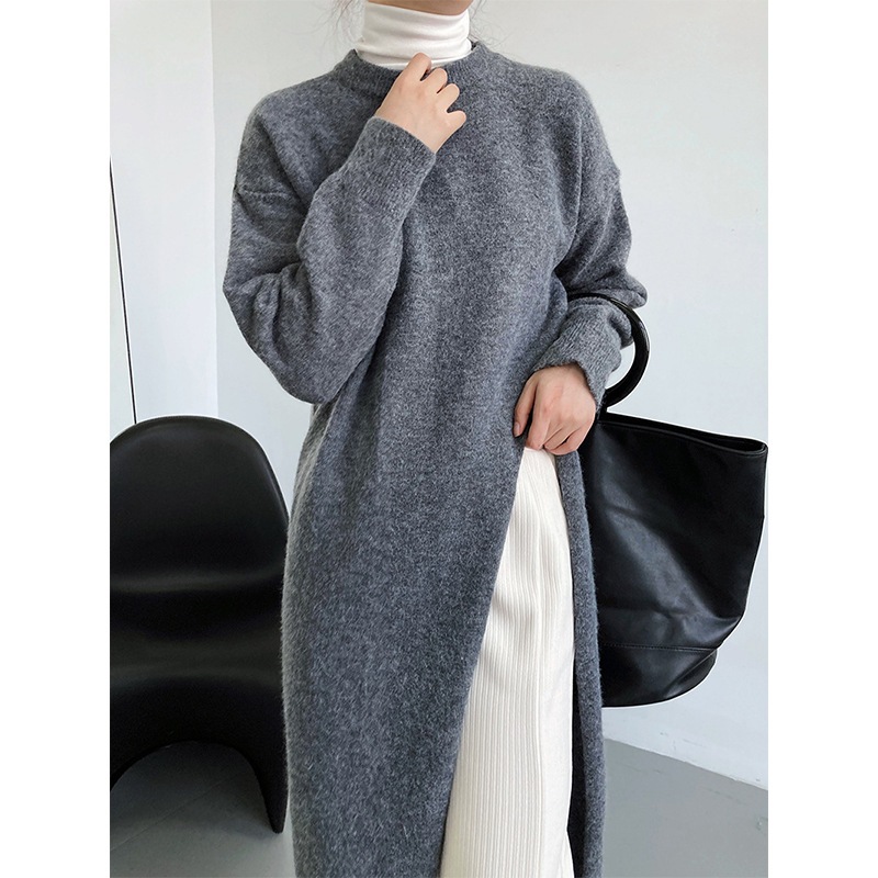 分岐デザイン感小衆セーター怠惰風側開フォーク中長型ニットワンピース早秋スカート女