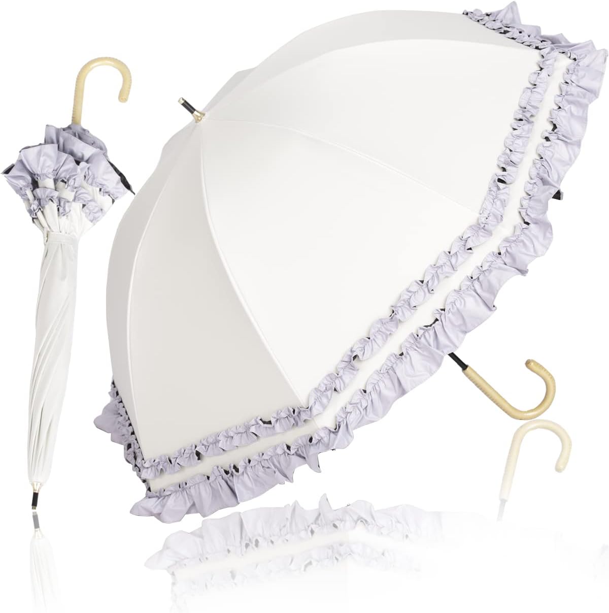 日傘 長傘 フリル 深張り uvカット100 遮光 完全遮光 晴雨兼用 レディース 5級撥水 軽量 遮熱 風に強い 暑さ対策 ラタン 持ち手