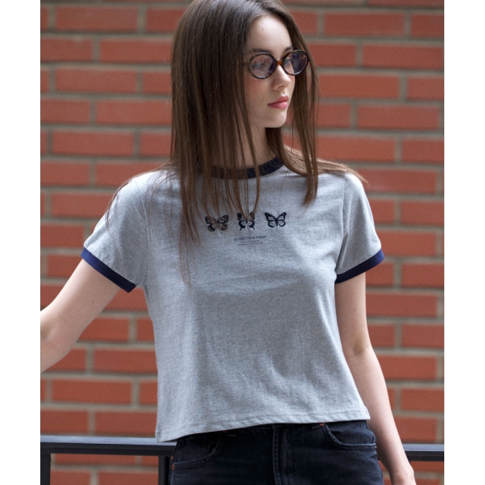 LETTER FROM MOON トリプルバタフライエンブロイダリーリンガークロップTシャツ (グレー)