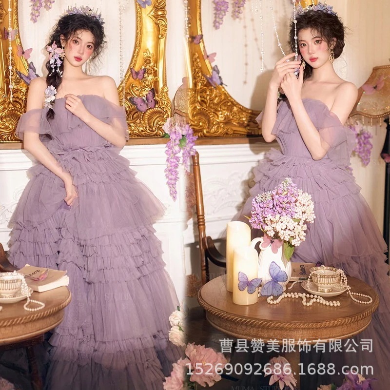 フォトスタジオパープルブトップドレスウェディングドレス絵画風甘いガーリーな雰囲気誕生日テーマアート写真服