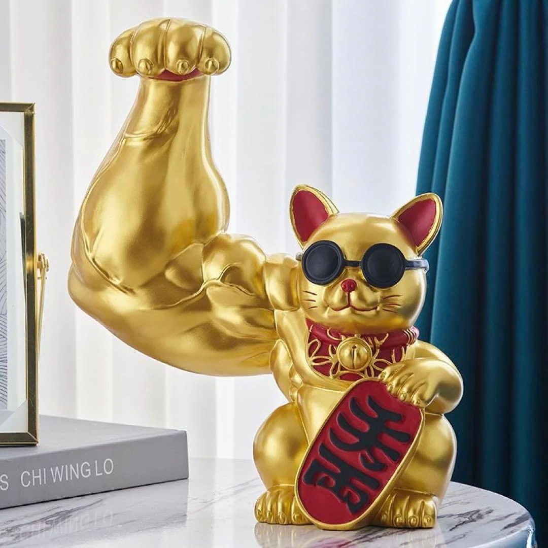 BIG32cm ムキムキゴールド マッスル『千両』 招き猫可愛い置物 筋肉オブジェ 大きい おもしろい おしゃれ 引越し祝い 風水 開運 縁起物 玄関 幸運 黄金 雑貨 インテリア 大きい am