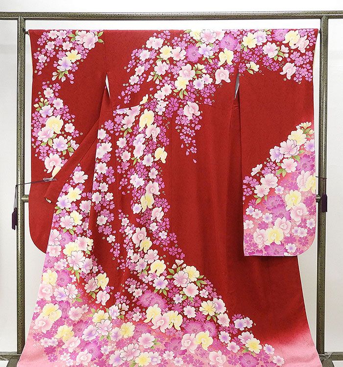 振袖 正絹 花模様 身丈161cm 裄丈66cm 振袖 リサイクル 着物