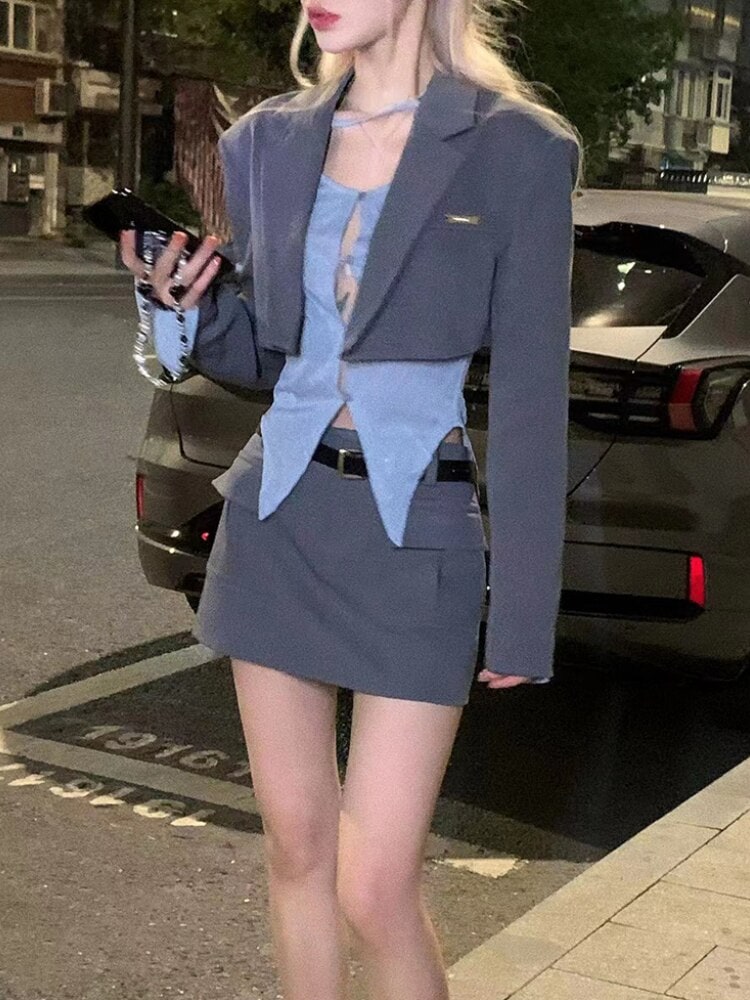 3 ピースドレスセットファッションブレザースーツ女性長袖ジャケットコート エレガントな Y2k クロップトップスブラウスとスカート 2023 夏