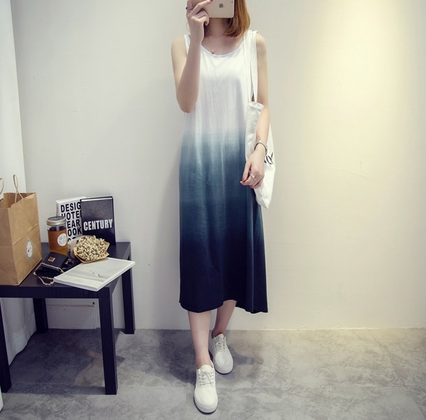1602. グラデーションロングワンピース（ブルー）2019 春夏 sale 海 プール ビーチ リゾート 女子会 通学 カジュアル ショッピング 普段使い