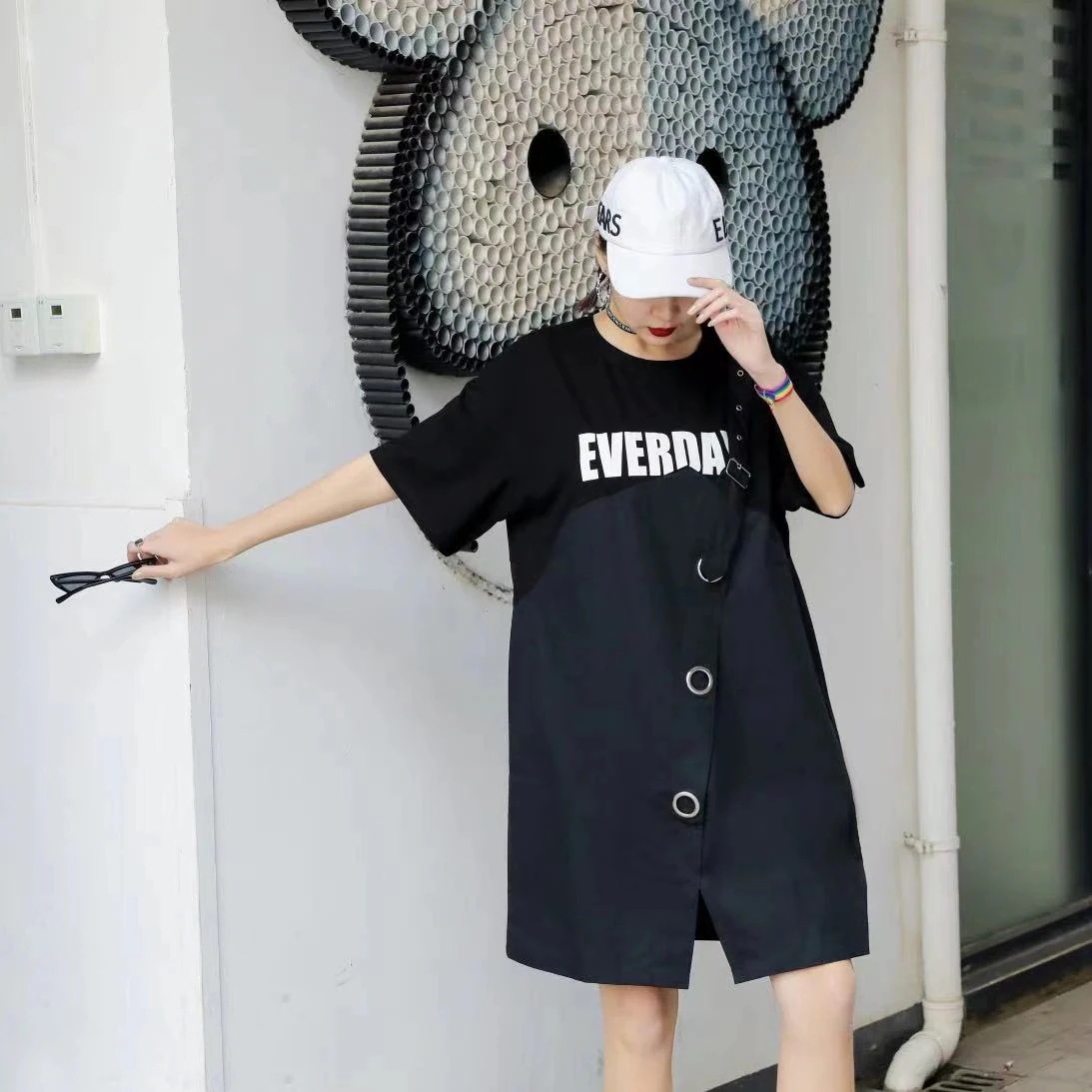 ワンピース人気新作怠惰風半袖tシャツロングトップス韓国ファッションレディースセクシーミニワンピース夏服フェイクレイヤードサロペットスカート デザイン