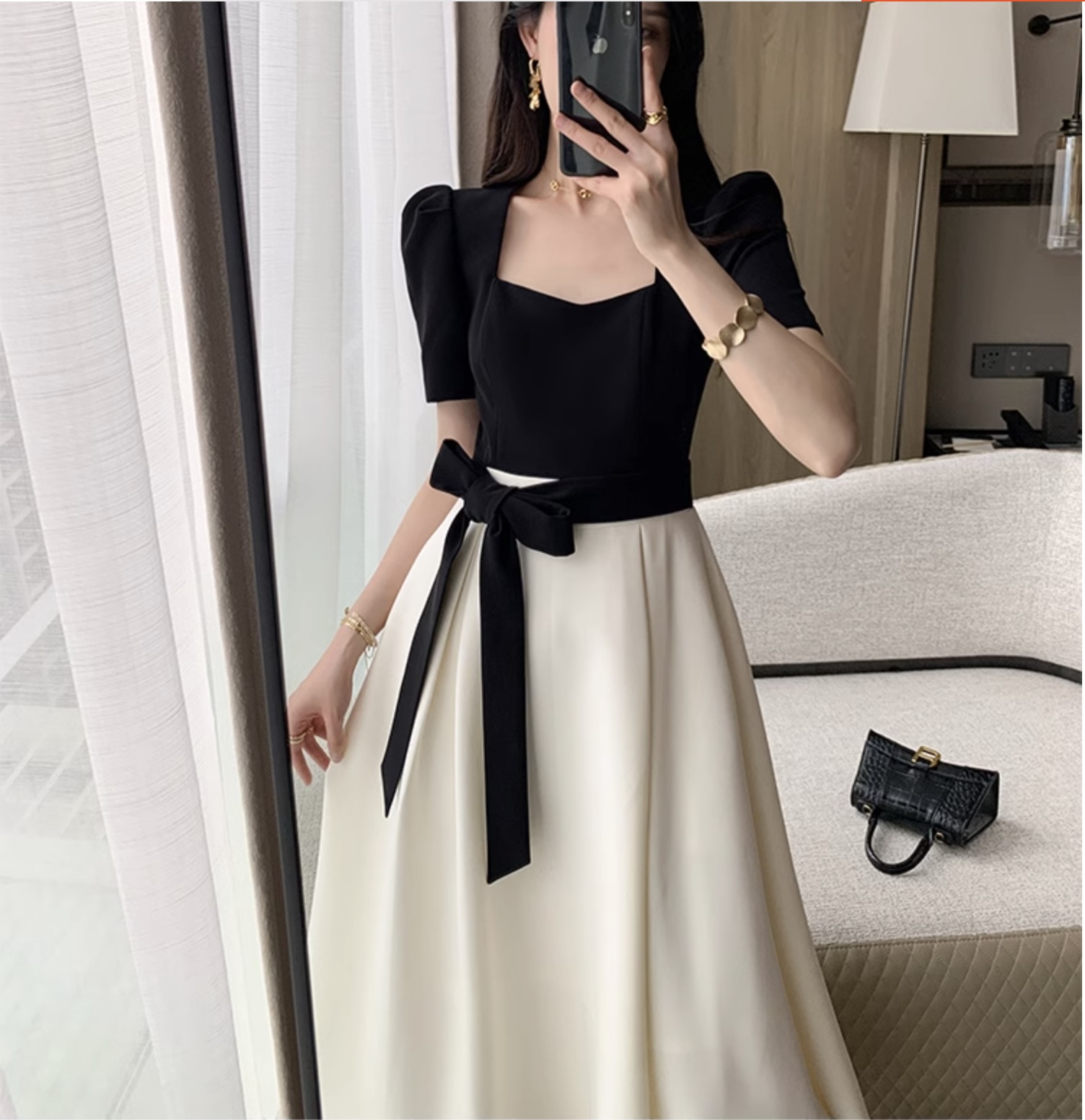 個性的 夏服 ワンピース ワンピドレス フレアワンピース ロジスワンピ ロング アンクル 袖あり 半袖 五分袖 パフスリーブ スクエアネック フレア セミフレア Aライン ドッキング 切り替