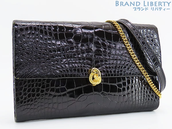 美品モラビトシャイニークロコダイル3WAYチェーンショルダーバッグショルダーポーチクラッチバッグハンドバッグブラック