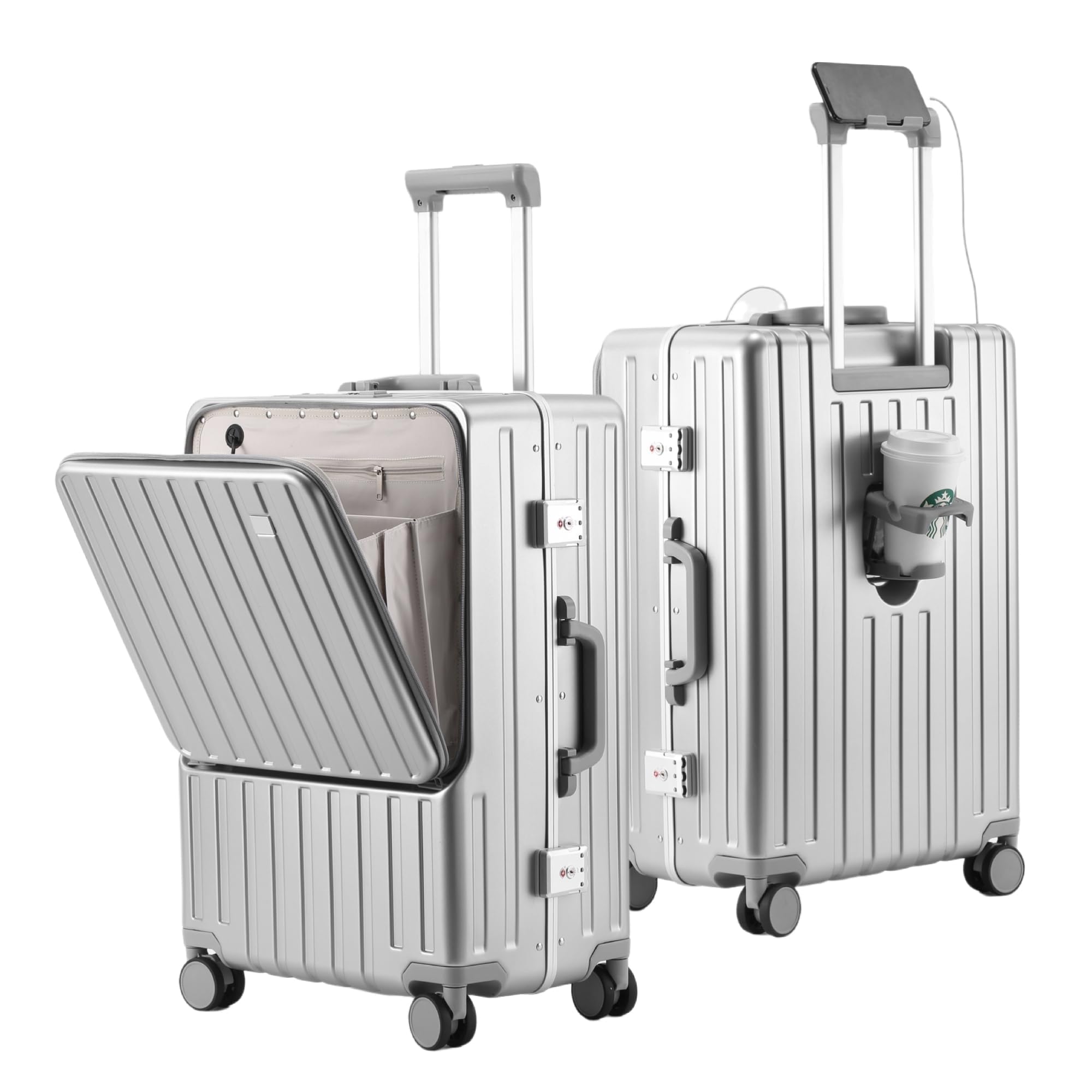 [Yuweijie] スーツケース フロントオープン 機内持ち込み usbポート付き キャリーケース パソコン収納ポケット 人気 かわいいキャリーバッグ カップホルダー付き アルミフレームタイプ ハー