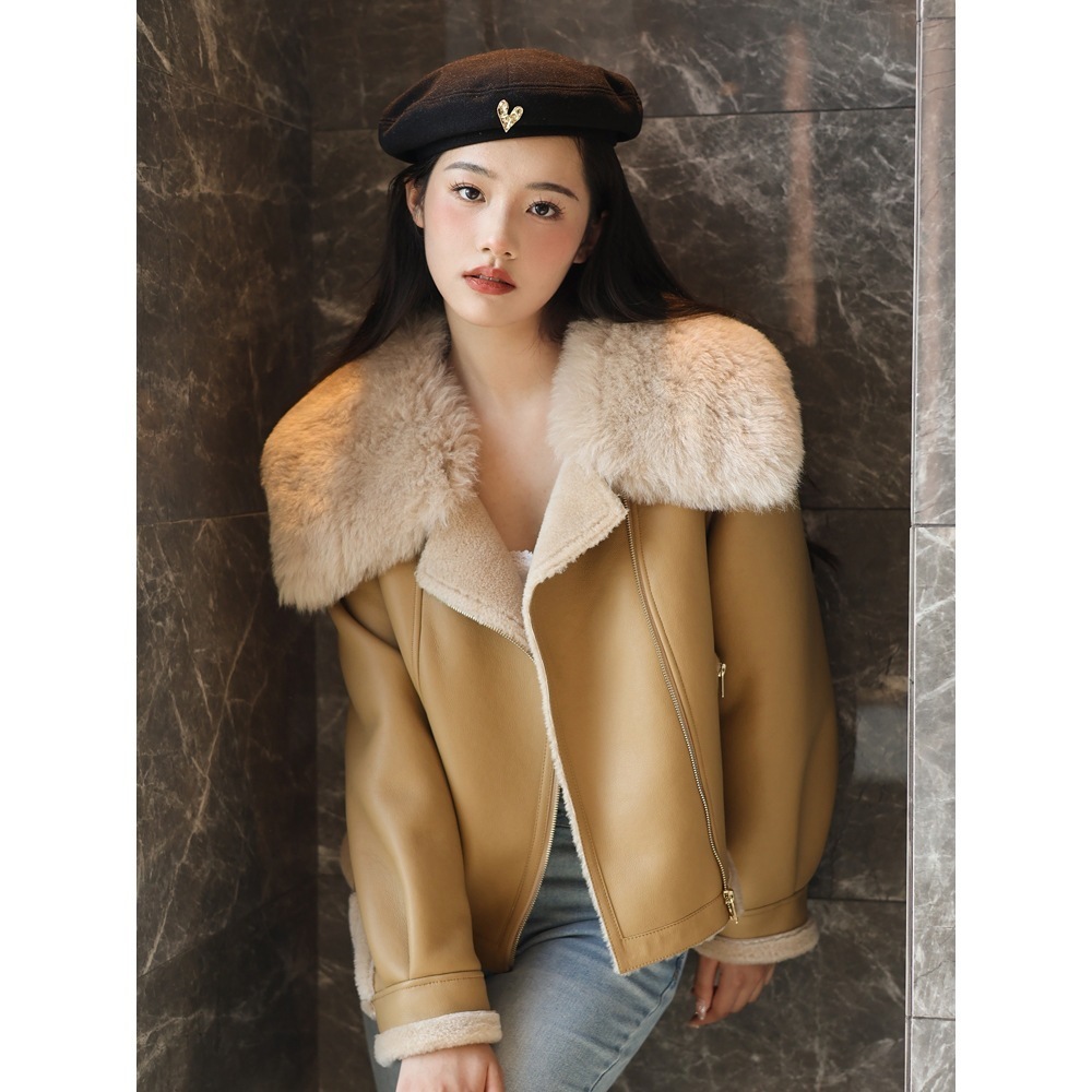 2024冬新作メリノファーワンピースジャケットレディースショートオートバイラペルラムファーコート