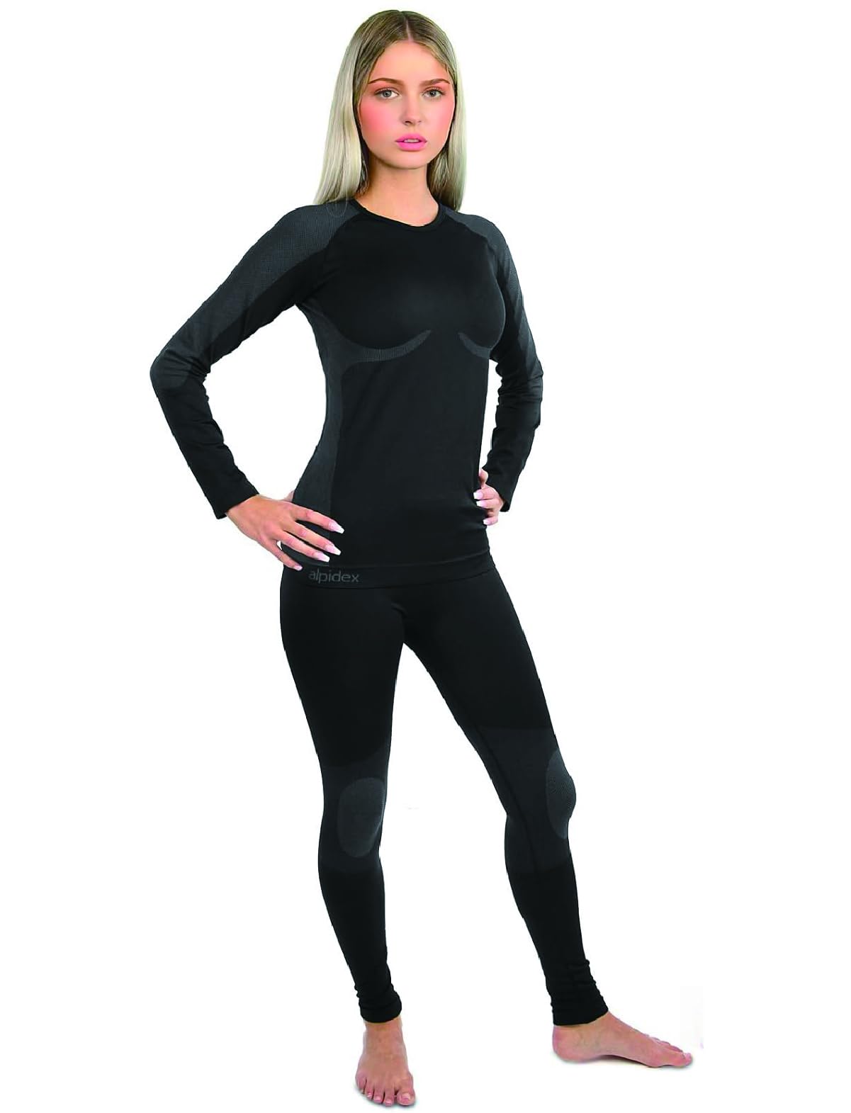 [Alpidex] レディース 上下セット ヒートテック 極暖 インナー 機能性 アンダーウェア サーマル スキー スノボ 防寒 (ブラック/グレー, L/XL)