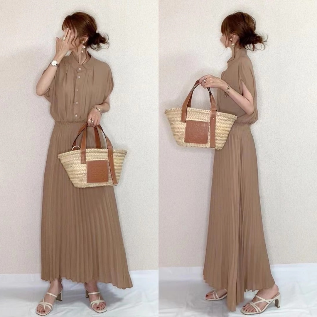 ワンピース プリーツスカート フレアワンピース アンクル丈 袖あり ハイネック フレア セミフレア ウエストマーク 大人可愛い きれいめ シンプル 大人 上品 おしゃれ お洒落 大人女子