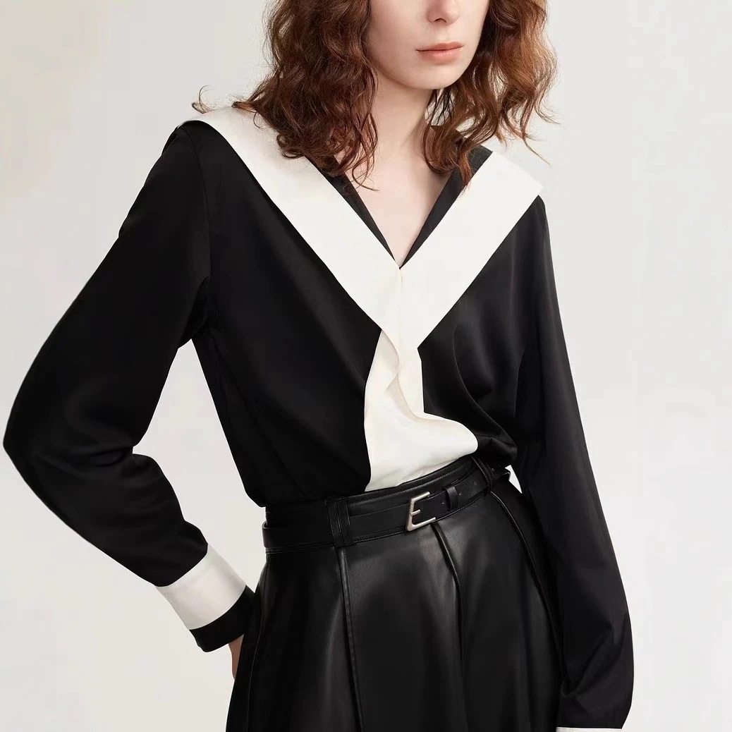 新型若見えVネックシャツ春ゆったりした独特ですいシフォンシャツの女性長袖ブラウス職業通勤シャツ