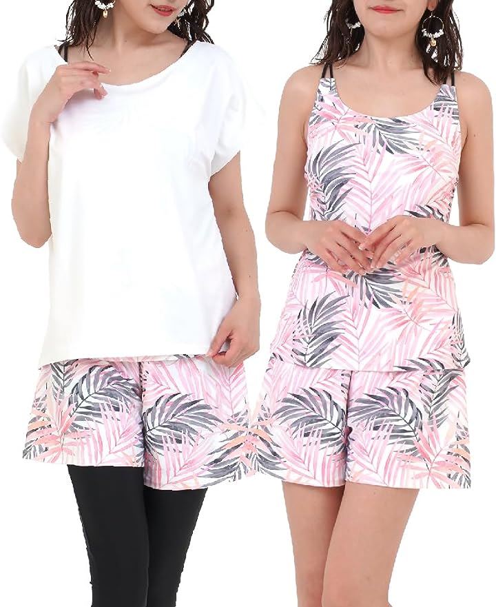 水着 レディース 5点セット ヨガ タンキニ Tシャツ パンツ レギンス ショーツ ピンクリーフ x ホワイト (ピンクリーフ x ホワイト, M)