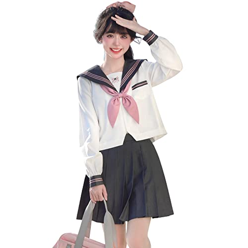 [] 制服 コスプレ ハロウィン セーラー服 長袖 スカート 蝶結ぶ リボン グレー ピンク 上下セット 女子制服 本格制服 三本 無地 JK 高校生 文化祭 学园歳 入学式 卒業式 清純 可愛い レ