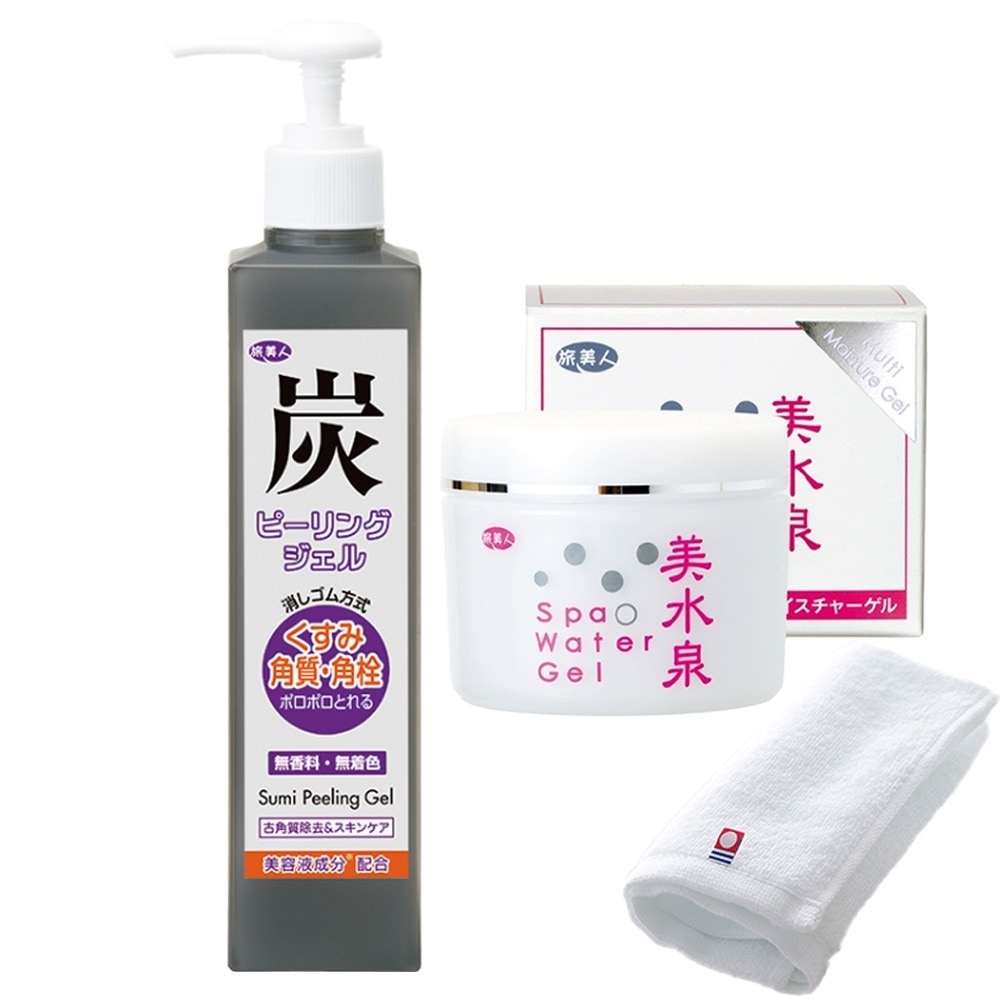正規販売代理店 定価より10%OFF 炭ピーリングジェル 270g スパウォーターゲル 美水泉 80g 今治タオル付き オールインワン 温泉水 化粧水 保湿クリーム 美容液 旅美人