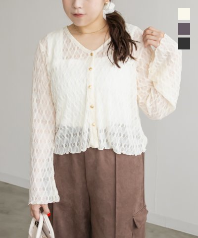 大きいサイズ レディース LL 3L 4L XL XXL XXXL CLETTEオリジナルダイヤ柄シアーカーディガン