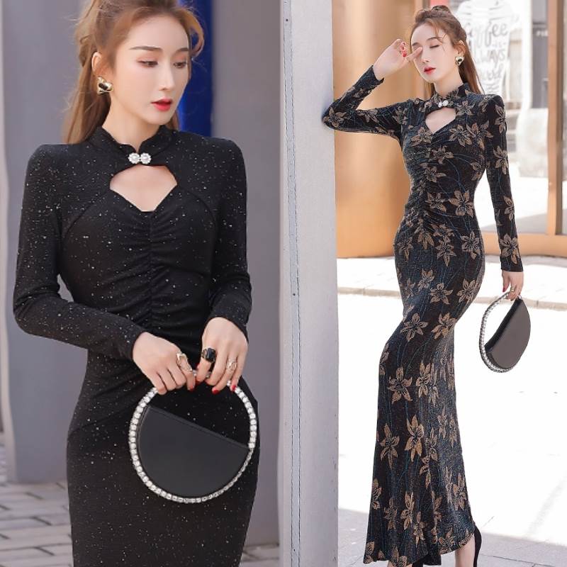 再入荷品3色 チャイナドレスのロング キャバ ドレス レディース セクシー マーメイド 花柄 黒 無地 ラメ キラキラ タイト フォーマル ワンピ ドレス 長袖 袖あり かっこいい ワインレッド おし 5,136円