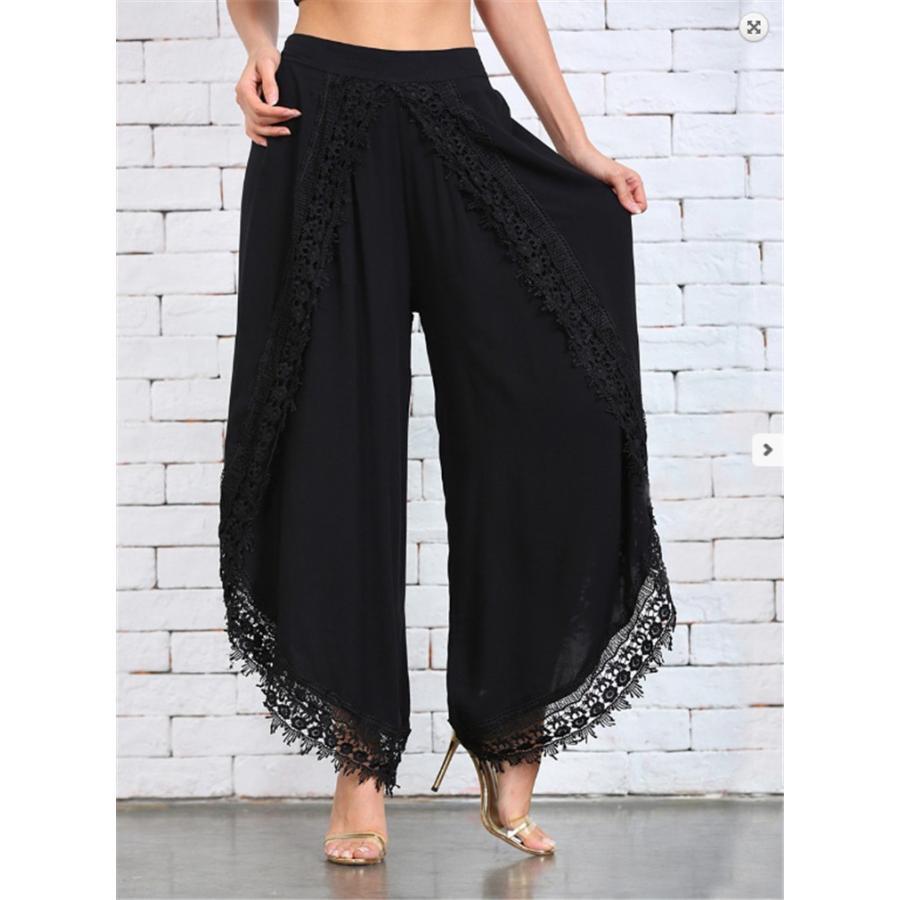 ガウチョパンツ パンツ 体型カバー 大きいサイズ レース裾 ボトムズ 春 夏 着痩せ 美脚 おしゃれ カジュアル ゆったり ウエストゴム レディース かわいい きれいめ シンプル カジュアル おしゃれ