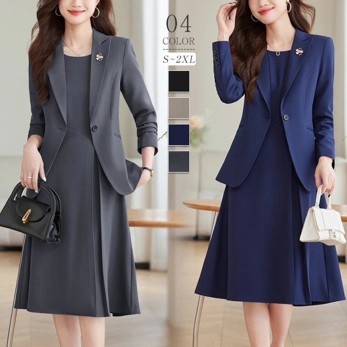 スーツ ワンピーススーツ レディース スーツセット フレアワンピース ビジネススーツ 上下セット フォーマル 上品 入学式 洗える ジャケット aラインワンピース 2点セット オフィス 長袖 エレガン