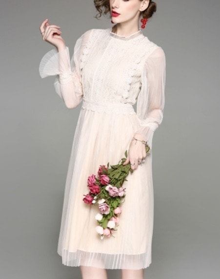 パーティードレス フレアスリーブ プリーツ レースドレス 膝丈 ミディ丈 クルーネック 長袖 フレア フリル タイト エレガント パーティー 結婚式 二次会 お呼ばれ ワンピース フォーマル 9,360円