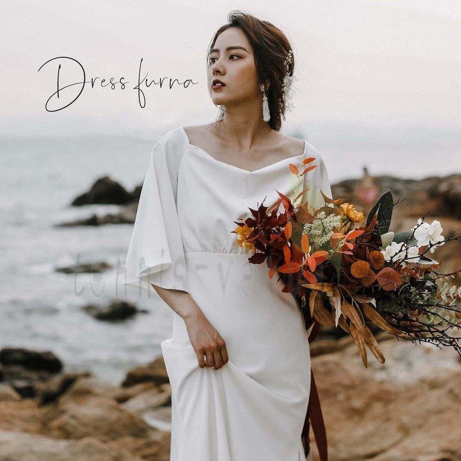 ウエディングドレス 購入 袖あり オフショルダー 花嫁 シンプル 白 結婚式 二次会 披露宴 フォト