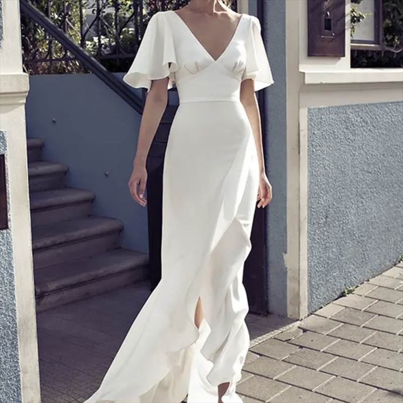 フレアスリーブ ロング ドレス マーメイド マキシ丈 ラップ風 Vネック バックオープン V開き 半袖 ボリューム袖 胸元 谷間開き 胸下切り替え デコルテ魅せ 肌見せ フレアフリル ハイウエスト シ