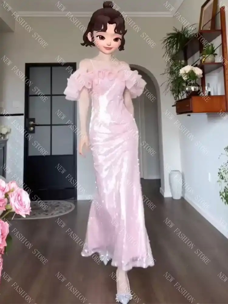 卒業ドレス一字肩司会者女性高級軽奢小衆魚尾スカートピアノ誕生日パーティー-32