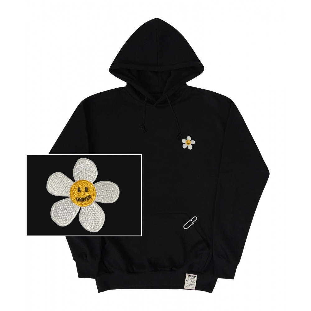 GRAVER [UNISEX]フラワードット刺繍フードティー_ブラック