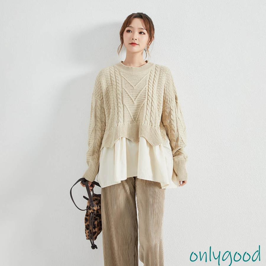 タイムセールセーター レディース 秋 冬 ニット トップス 丸首 長袖　重ね着 ゆったり　秋冬 暖かい 無地 柔らかい 通勤 OL