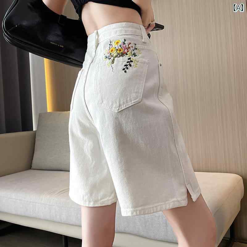 ボトムス レディース デニム ハーフパンツ 夏 ストレート スリム ハイウエスト ジーンズ 薄手 涼しい ワイドレッグ 刺繍 シンプル カジュアル 黒 白 花柄